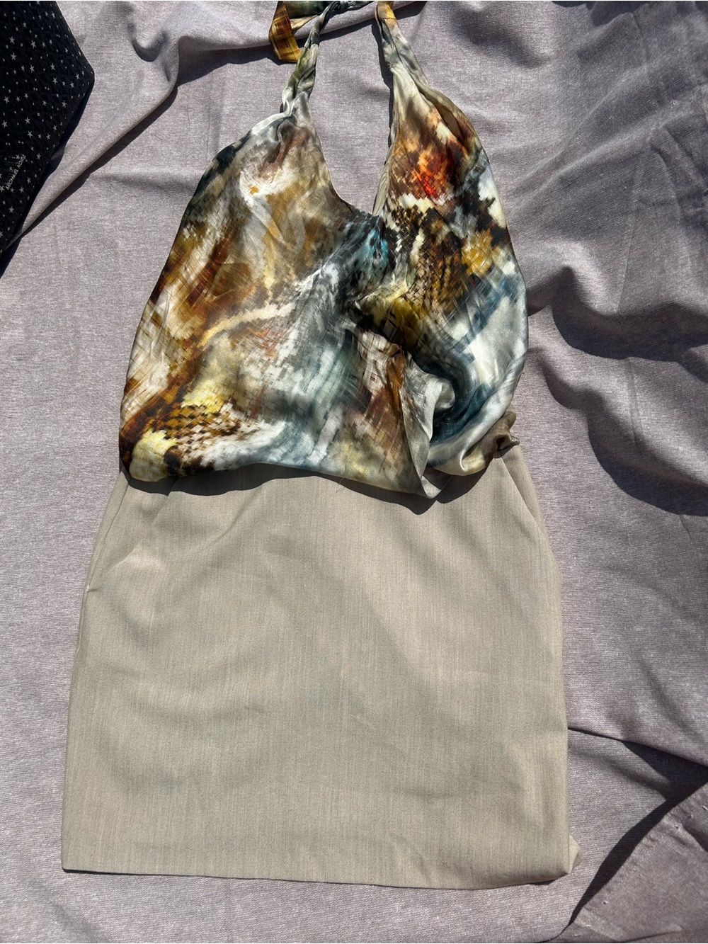 Black Halo Multicolor Silk Halter Top with Beige Skirt